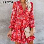 Sexy v-neck backless dress printed Elegant lantern sleeve