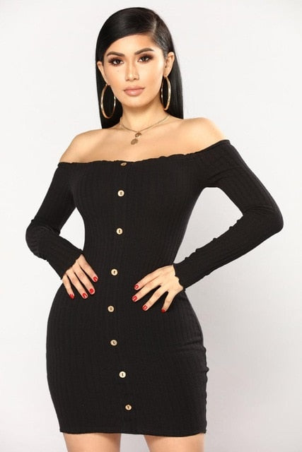 Autumn Sexy Slim Dress Women Solid Color Off Shoulder