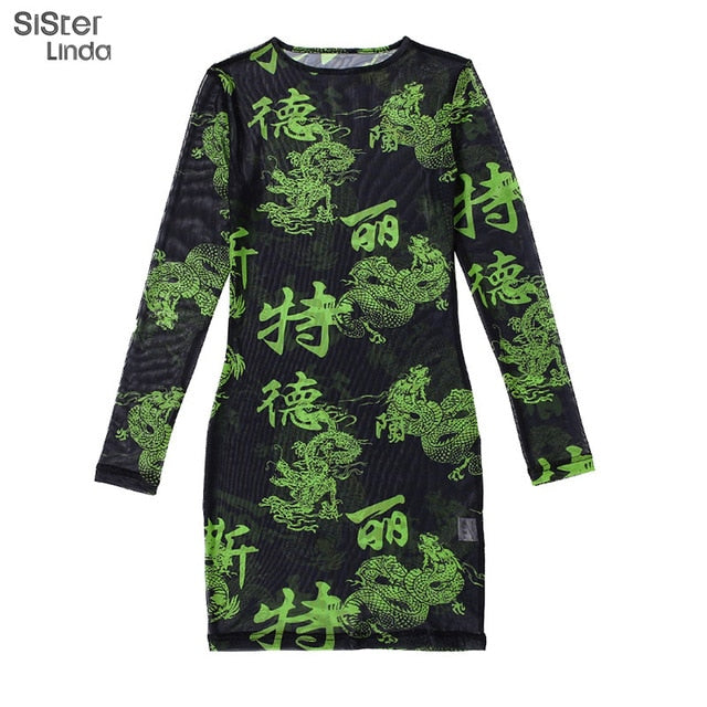 See-through Sexy Mini Dress For Women Dragon Print