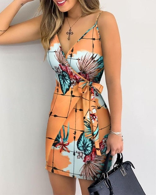 Tropical Print V-Neck Wrap Casual Dress