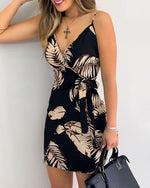 Tropical Print V-Neck Wrap Casual Dress