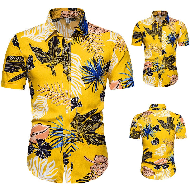 2020 Summer Yellow Hawaiian Shirt Mens Leaf Print