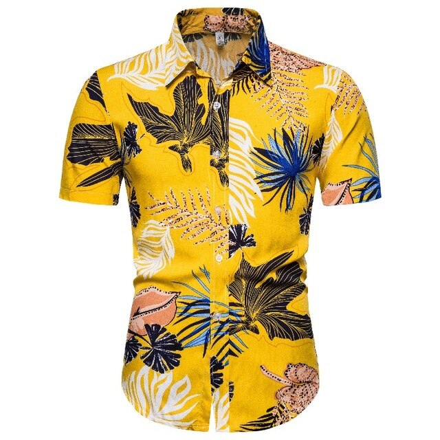 2020 Summer Yellow Hawaiian Shirt Mens Leaf Print