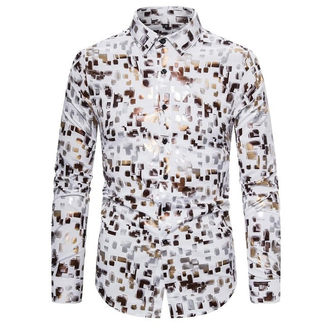 Shiny Colorful Printed Black Mens Long Sleeve Shirts