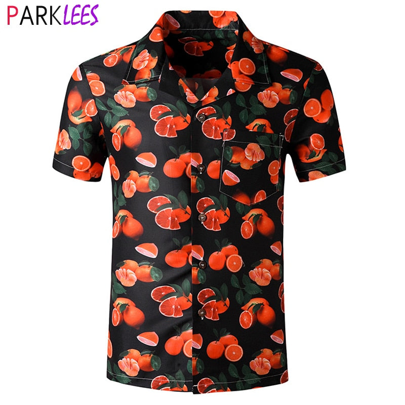 3D Orange Print Tropical Hawaiian Shirt Men