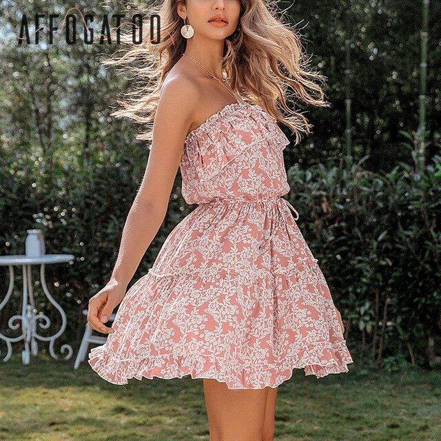 Sexy ruffled sleeveless floral print summer dress