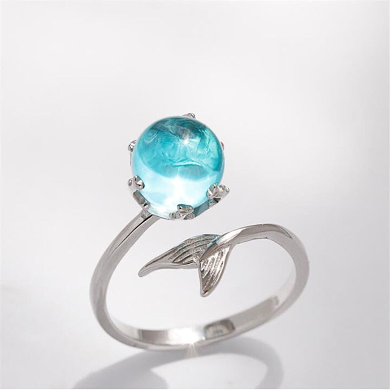 925 Sterling Silver Blue Crystal Mermaid Bubble Open Rings For Women