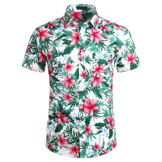 2020 Summer Pocket Mens Hawaiian Shirt Casual Loose Cotton