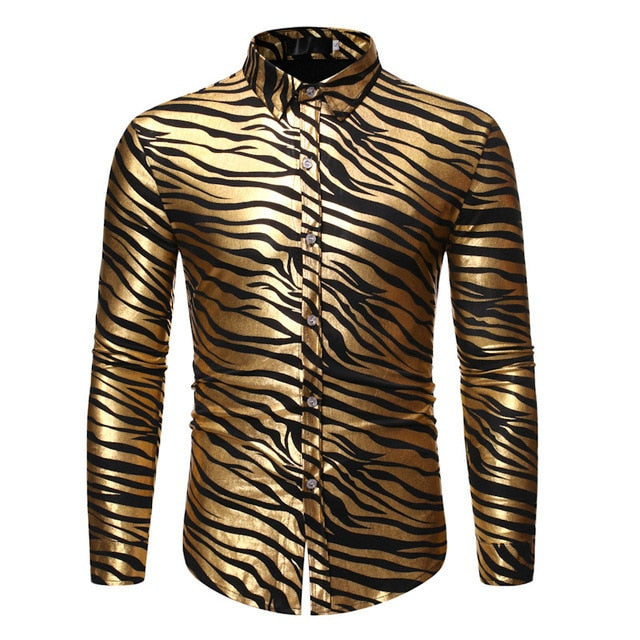 Men Zebra Print Disco Shirts Long Sleeve Slim