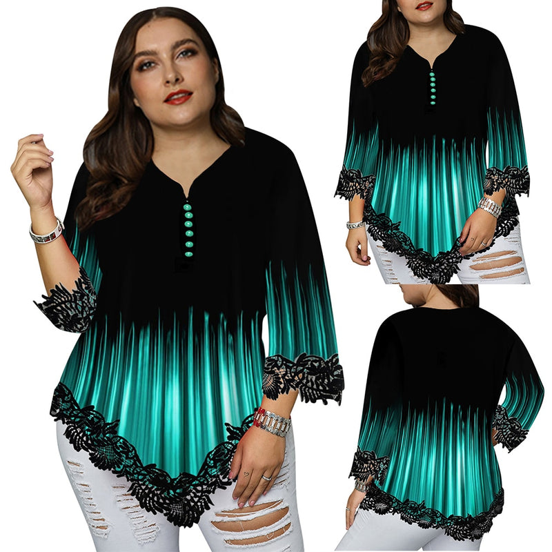 5XL Plus Size T-shirt For Women Lace 3/4 Sleeve