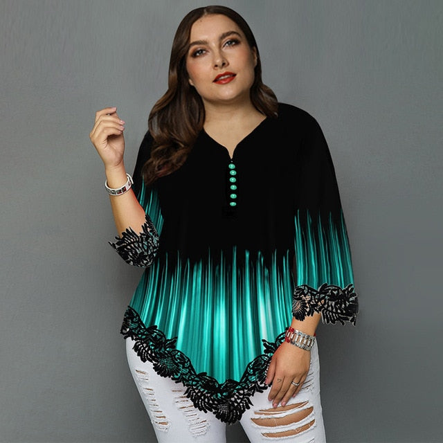 5XL Plus Size T-shirt For Women Lace 3/4 Sleeve