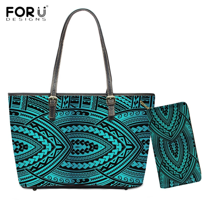 FORUDESIGNS 2pcs/set Handbags Polynesian Traditional Tribal Print PU Leather Shoulder Bags for Women Large Tote Bag Purse Wallet