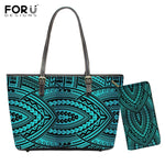 FORUDESIGNS 2pcs/set Handbags Polynesian Traditional Tribal Print PU Leather Shoulder Bags for Women Large Tote Bag Purse Wallet