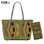 FORUDESIGNS 2pcs/set Handbags Polynesian Traditional Tribal Print PU Leather Shoulder Bags for Women Large Tote Bag Purse Wallet