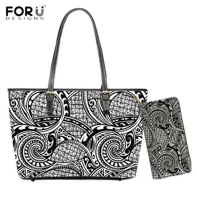 FORUDESIGNS 2pcs/set Handbags Polynesian Traditional Tribal Print PU Leather Shoulder Bags for Women Large Tote Bag Purse Wallet