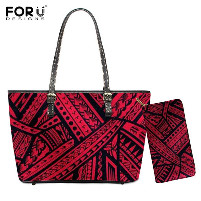 FORUDESIGNS 2pcs/set Handbags Polynesian Traditional Tribal Print PU Leather Shoulder Bags for Women Large Tote Bag Purse Wallet