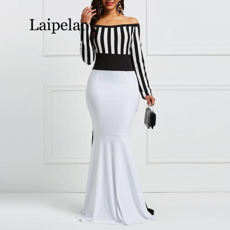 Dress Elegant Women Off Sholuder Long Sleeve Stripes