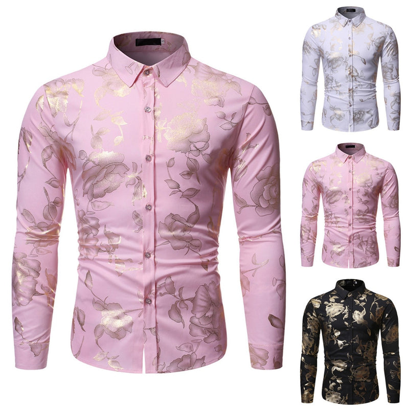 Mens Long Sleeve Shirt Hot Stamping Rose Shirt