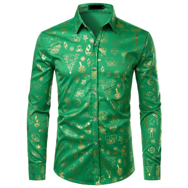 Green Christmas Shirt Men Casual Xmas Gift Printed