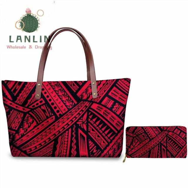 LALIN  2Pcs/set Women Handbags Travel Wallet American Samoa Polynesian Style Shoulder Bags Ladies Large Tote Bags Female Bolsa