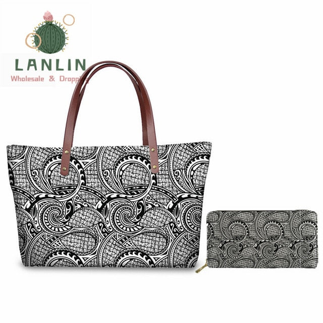 LALIN  2Pcs/set Women Handbags Travel Wallet American Samoa Polynesian Style Shoulder Bags Ladies Large Tote Bags Female Bolsa