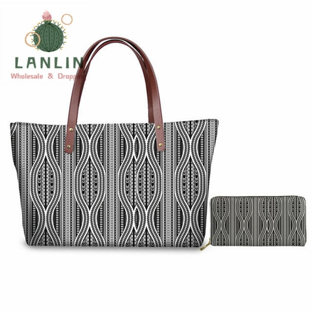 LALIN  2Pcs/set Women Handbags Travel Wallet American Samoa Polynesian Style Shoulder Bags Ladies Large Tote Bags Female Bolsa