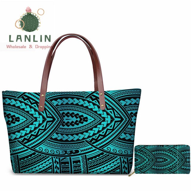 LALIN  2Pcs/set Women Handbags Travel Wallet American Samoa Polynesian Style Shoulder Bags Ladies Large Tote Bags Female Bolsa