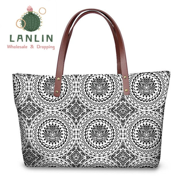 LALIN  2Pcs/set Women Handbags Travel Wallet American Samoa Polynesian Style Shoulder Bags Ladies Large Tote Bags Female Bolsa