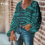 FORUDESIGNS Large Size Blouse Polynesian Traditional Tribal Blouse Casual Loose Long Sleeve Shirt Tops V-neck Women Clothing