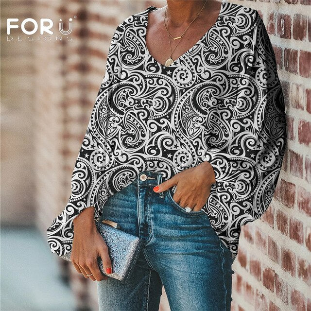 FORUDESIGNS Large Size Blouse Polynesian Traditional Tribal Blouse Casual Loose Long Sleeve Shirt Tops V-neck Women Clothing