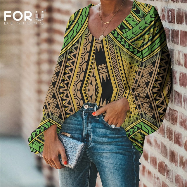 FORUDESIGNS Large Size Blouse Polynesian Traditional Tribal Blouse Casual Loose Long Sleeve Shirt Tops V-neck Women Clothing