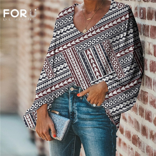 FORUDESIGNS Large Size Blouse Polynesian Traditional Tribal Blouse Casual Loose Long Sleeve Shirt Tops V-neck Women Clothing