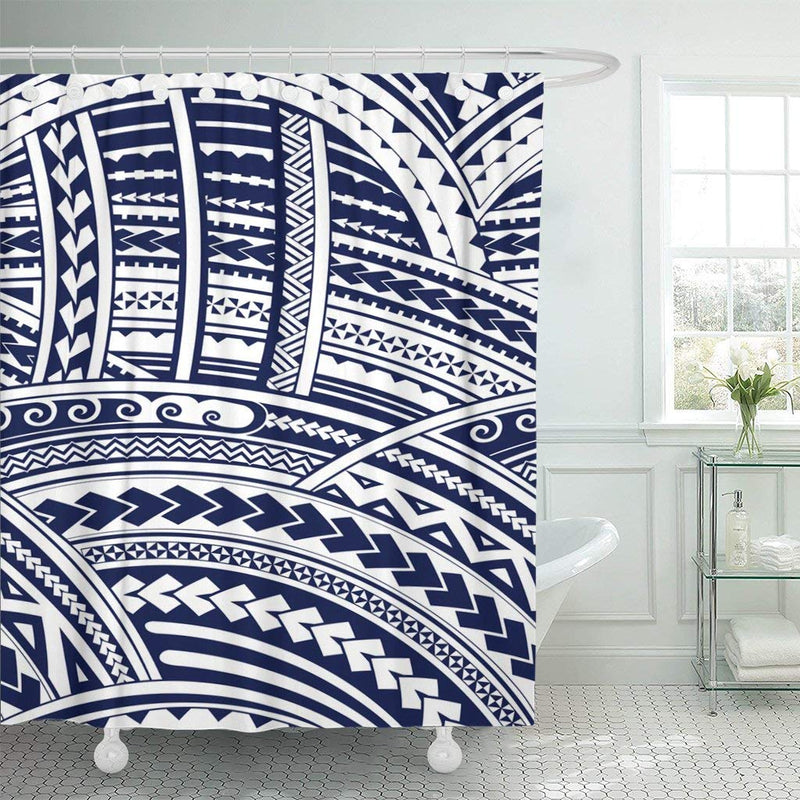 Blue Polynesian Maori Tribal Pattern Tattoo Aboriginal Curl Ethnic Shower Curtain Waterproof Polyester Fabric 72 x 72 Inches