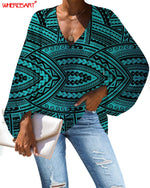 Polynesian Tribal Pattern Long Sleeve Loose Blouse for Womenm