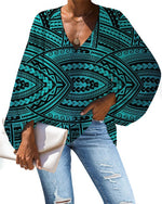 Polynesian Tribal Pattern Long Sleeve Loose Blouse for Womenm