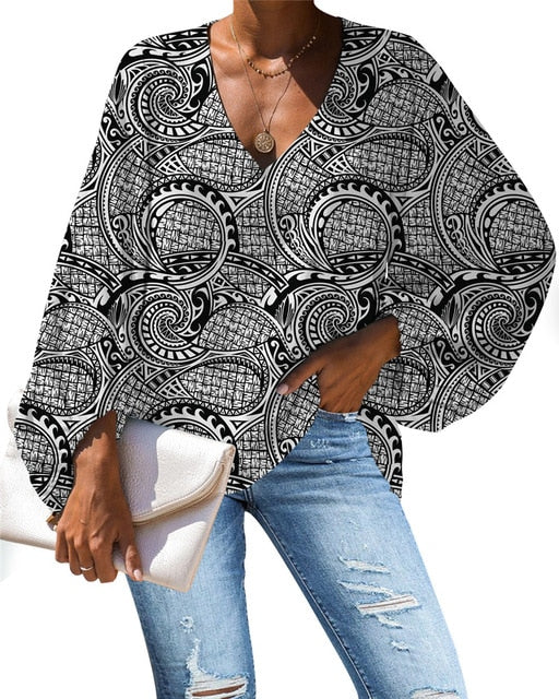 Polynesian Tribal Pattern Long Sleeve Loose Blouse for Womenm