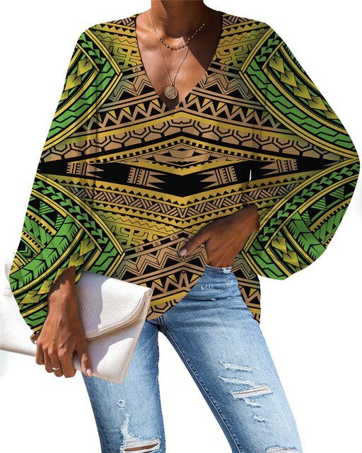 Polynesian Tribal Pattern Long Sleeve Loose Blouse for Womenm