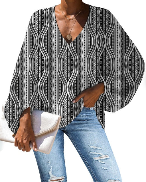 Polynesian Tribal Pattern Long Sleeve Loose Blouse for Womenm