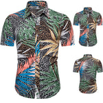 Mens Leopard Leaf Print Shirt Short Sleeve Cotton Men Summer