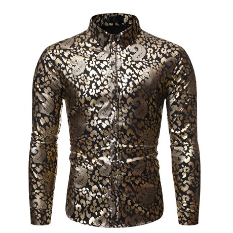 Men's Shiny Gold Paisley Print White Dress Shirts