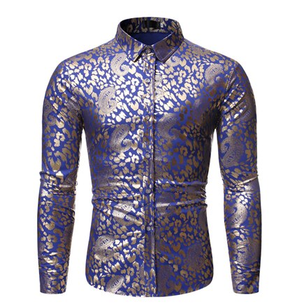 Men's Shiny Gold Paisley Print White Dress Shirts