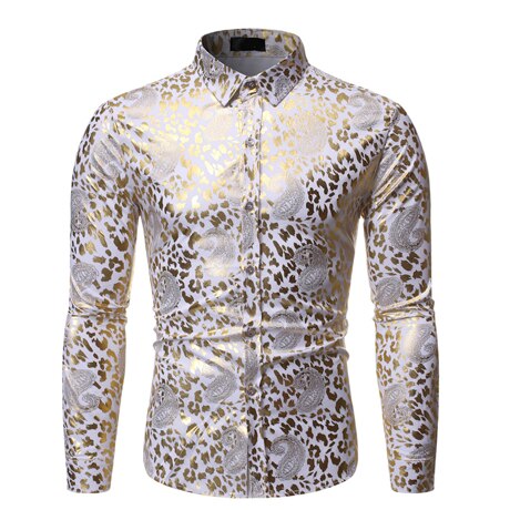 Men's Shiny Gold Paisley Print White Dress Shirts