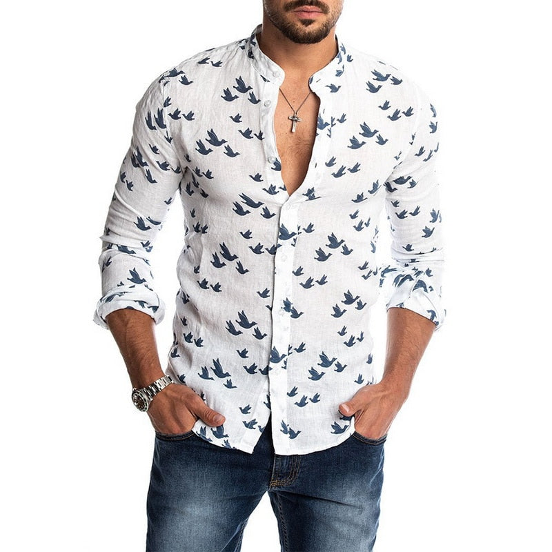 Hawaiian Shirt Long Sleeve Wild Goose Print Button