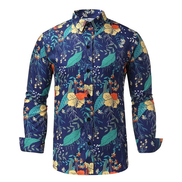 Flower Printed Long Sleeve Shirts Men