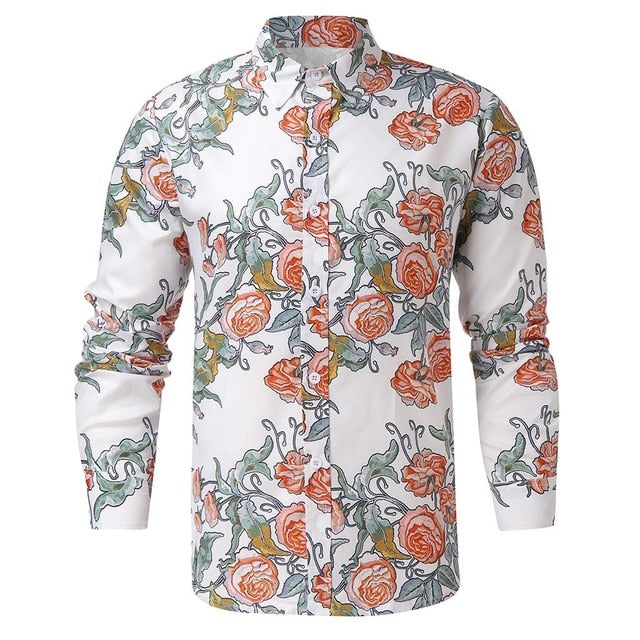 Flower Printed Long Sleeve Shirts Men