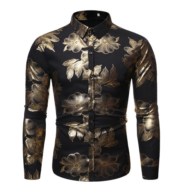 Long Sleeve Men's Lapel Rose Hot Stamping Slim