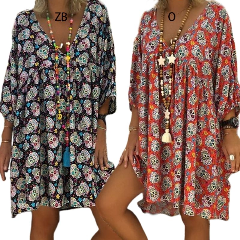 V-Neck 3/4 Sleeves Loose Flowy T-Shirt Dress