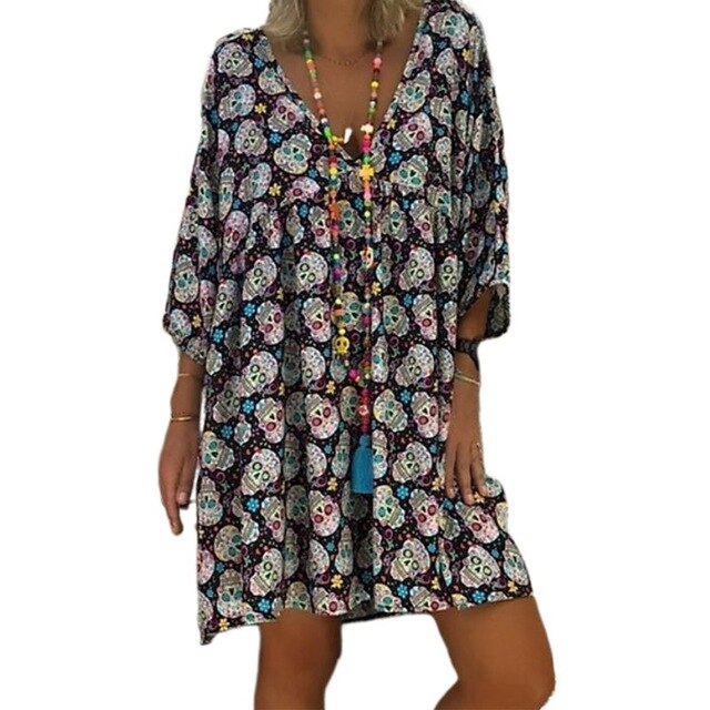 V-Neck 3/4 Sleeves Loose Flowy T-Shirt Dress