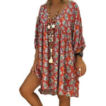 V-Neck 3/4 Sleeves Loose Flowy T-Shirt Dress