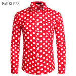 Red Mens Polka Dot Shirt Casual Button Up Dress Shirts